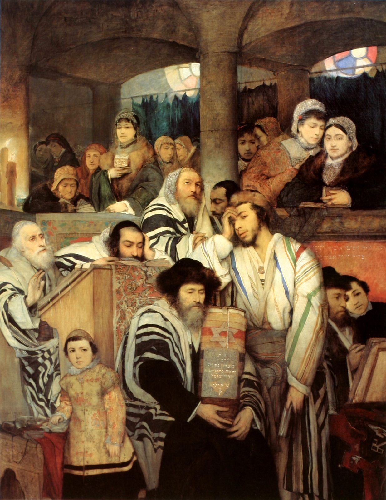 A crowded, dimly lit nineteenth-century synagogue interior full of worshippers wrapped in white and dark prayer shawls, standing and seated in prayer, painted in warm golds and browns