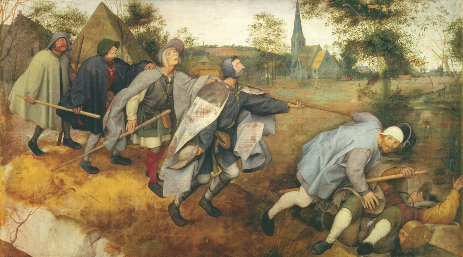 Pieter Bruegel the Elder's 1568 painting The Blind Leading the Blind — six blind men in a line, each gripping the shoulder or staff of the man ahead of him, the leader already fallen into a ditch and the next two beginning to topple in after him