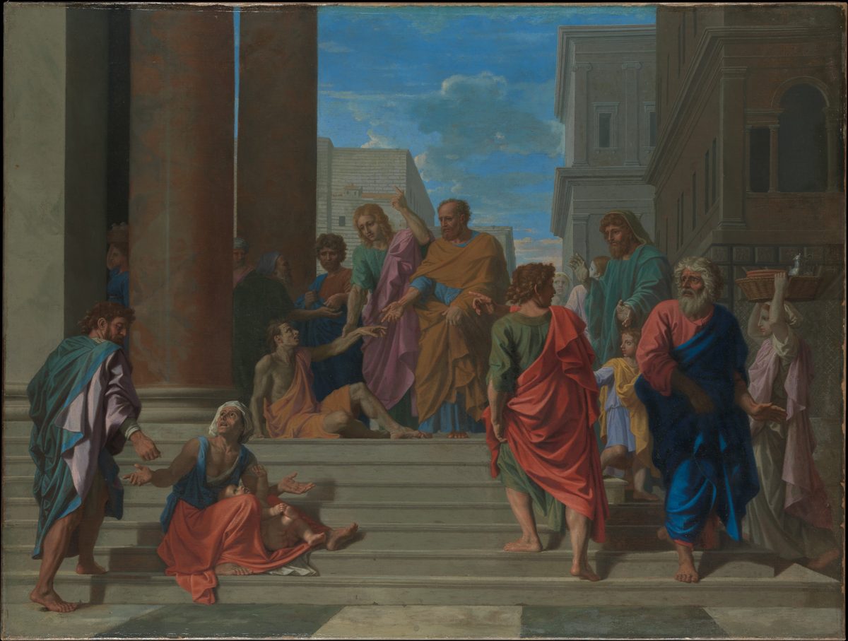 An oil painting staged on a grand classical stairway between two massive stone columns. On a landing at the top of the steps, a bearded man in an orange robe reaches down with his right hand, fingers pointing, toward a shirtless, seated man who reaches back up at him with both arms outstretched. A second robed figure in green and lilac stands just behind, also reaching down. Below, on the lower steps, beggars in the foreground turn toward the scene — a barefoot man beckoning, a kneeling woman with a child, an old man with white hair and a staff. Other onlookers in colorful robes climb or descend the stairs around them. Beyond the columns, a blue sky with scattered clouds opens over distant classical buildings.