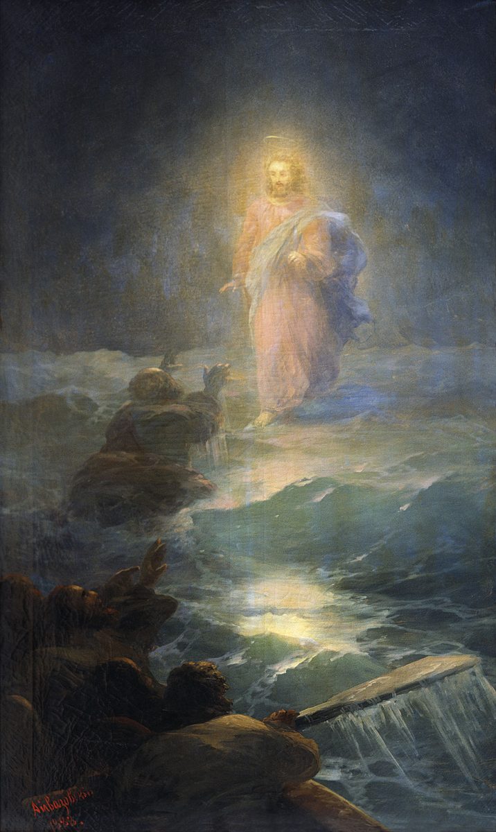 Christ, glowing with a golden halo of light, walks upright across a dark, storm-tossed sea toward a crowded boat. A single disciple is already partway out on the water toward him, kneeling low with spray breaking around his knees, while the others crowd the gunwale, one reaching a hand up out of the dark, an oar dragging in the waves beside them.