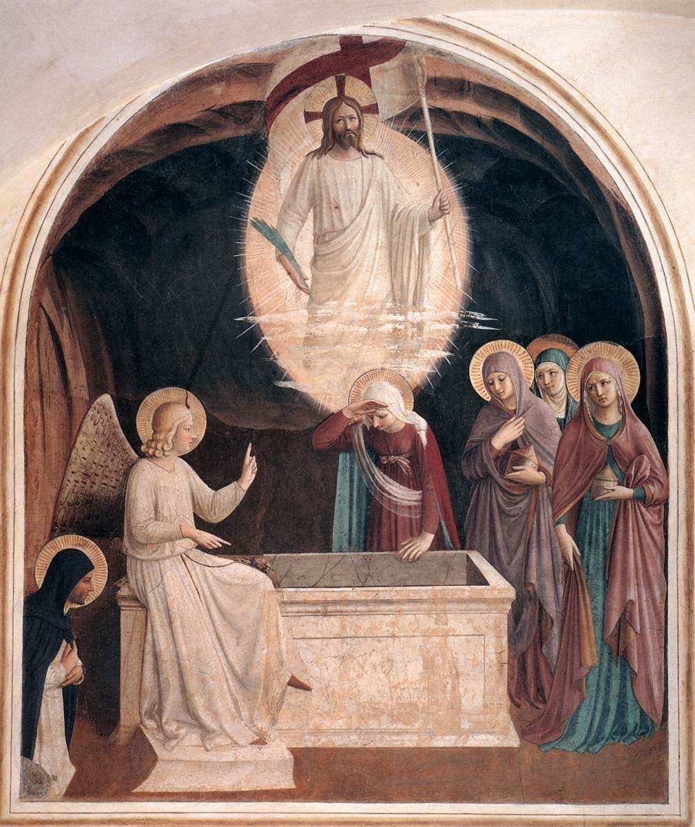 An arched fresco. A winged angel in white sits on the edge of an open stone tomb, one hand raised, the other gesturing into the empty box; the lid is off and the inside is visible and bare. Four haloed women stand at the right, one of them leaning over the tomb and shielding her eyes. Above, the risen Christ floats in an oval of light, in white, holding a cross-staff with a banner. At the lower left a small haloed friar in a black-and-white Dominican habit kneels in prayer, facing away from the tomb.