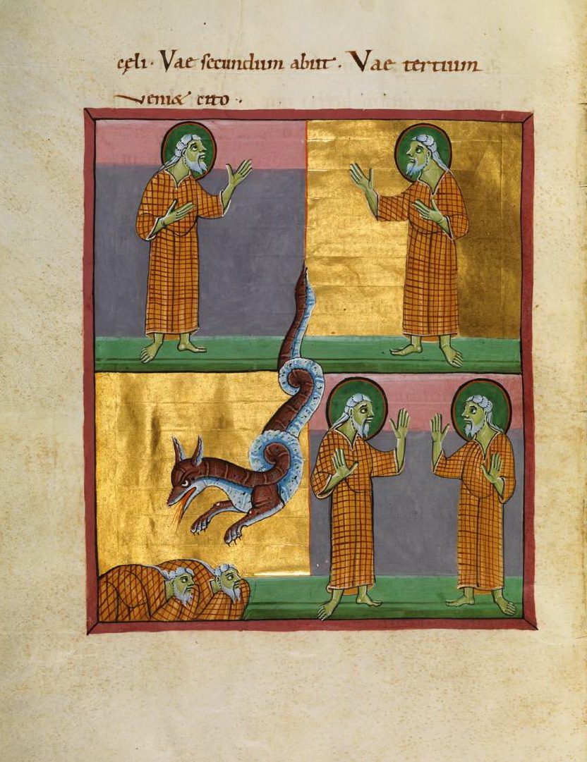 A page from an eleventh-century illuminated manuscript on cream parchment, divided into panels bordered in red. Latin text runs across the top. In the upper-left panel, a green-skinned, haloed, bearded man in an orange-and-red checked robe stands preaching against a slate-gray background, one hand raised, palm out. In the upper-right panel, an identical haloed man in the same robe stands in the same preaching pose against a solid gold background. Between and below the two figures, a blue serpent's coiled body descends and joins a brown, four-legged, wolf-like beast with pointed ears, its open jaws breathing an orange flame. In the lower-right panel, two identical haloed, bearded men in checked robes stand side by side, both preaching with raised hands, against gray and gold backgrounds. In the lower-left corner, two more haloed men in the same robes lie collapsed on top of one another, eyes closed.