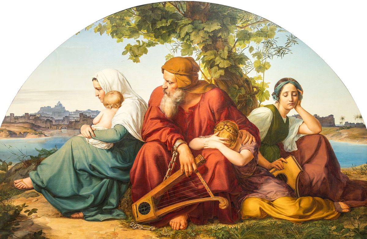 A fan-shaped painting of four figures seated by a riverbank under a tree, a distant walled city visible across the water. An old bearded man in a red robe rests one hand on a harp propped against a rock, a broken chain lying at its foot. A woman nurses an infant on one side; a young woman with her head bowed in her hand sits on the other, another harp in her lap. All four look downward or away, in postures of grief.