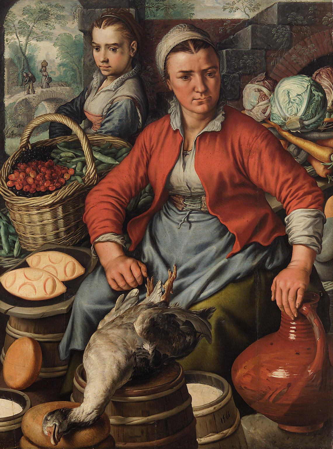 A woman in a red jacket, blue apron and white coif sits behind a market stall stacked with cherries, pea pods, cabbages, cheeses, barrels and a large red jug, a dead bird slung over a barrel in front of her; a younger woman looks out from behind her