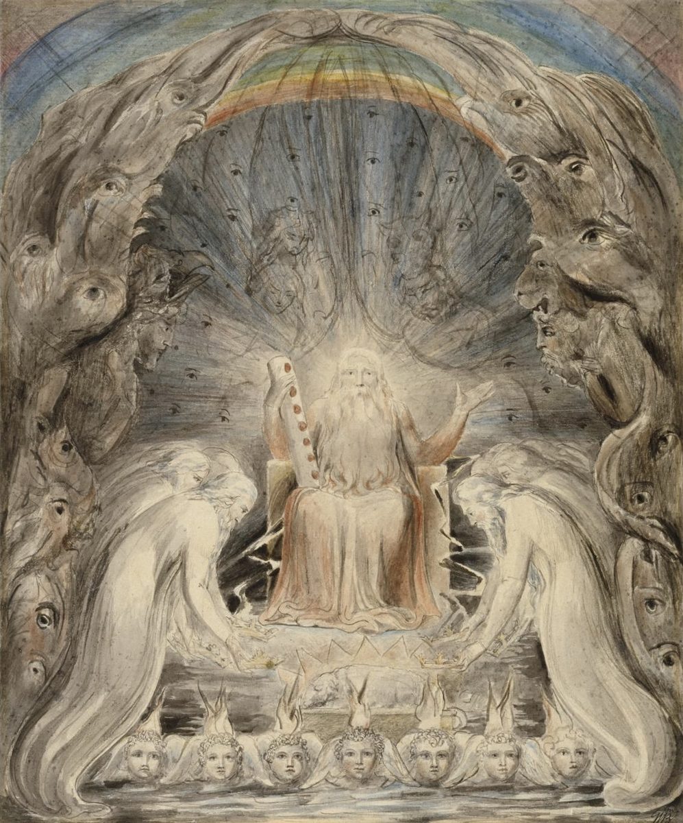 A watercolour and pencil drawing. An old, bearded, white-robed figure sits enthroned at the center, one arm raised, the other hand resting on a scroll marked with seven red seals down its edge. A wide rainbow arcs overhead. The throne is framed on both sides by tall, twisting forms made entirely of open eyes. Two white-robed elders bow low on either side, laying crowns at the base of the throne. Along the bottom edge, seven small winged heads with flame-like hair look outward in a row. Faint ghostly faces are sketched in the dark space above the throne.