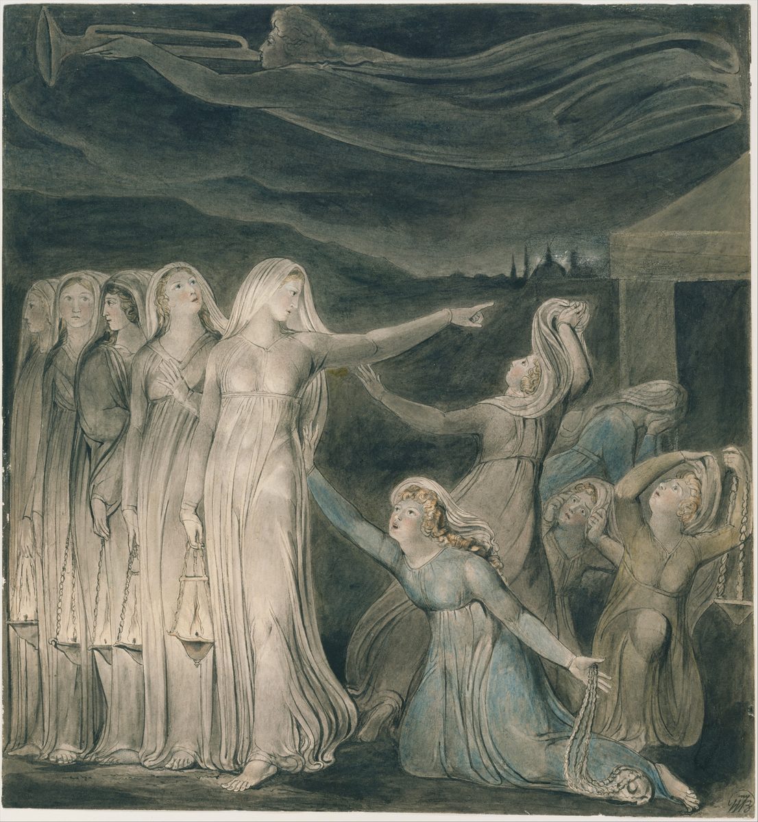 A watercolour in cold greys, whites and blues under a dark stormy sky. On the left, five women in pale robes stand upright in a row, each holding a small hanging lamp with a lit flame; the foremost, in white, stretches out her arm and points away to the right. On the right, five other women in blue and brown kneel, crouch and throw their arms up, faces turned upward in dismay, their lamps dark. Across the top of the picture an angel in a long trailing robe flies horizontally, blowing a very long trumpet. A distant city with towers is silhouetted at the centre right, and the edge of a doorway shows at the far right