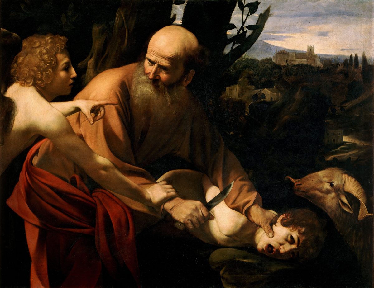 An angel seizes Abraham's wrist as he holds a knife over Isaac, whose head is pressed against the altar and whose mouth is open in a cry
