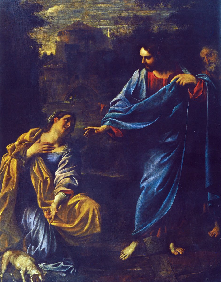 A kneeling woman in a gold mantle reaches toward Christ with one hand while pressing the other to her chest; Christ stands over her gesturing back mid-reply, an older bearded disciple looking on from behind him, and a small white dog lies at the woman's feet in the foreground