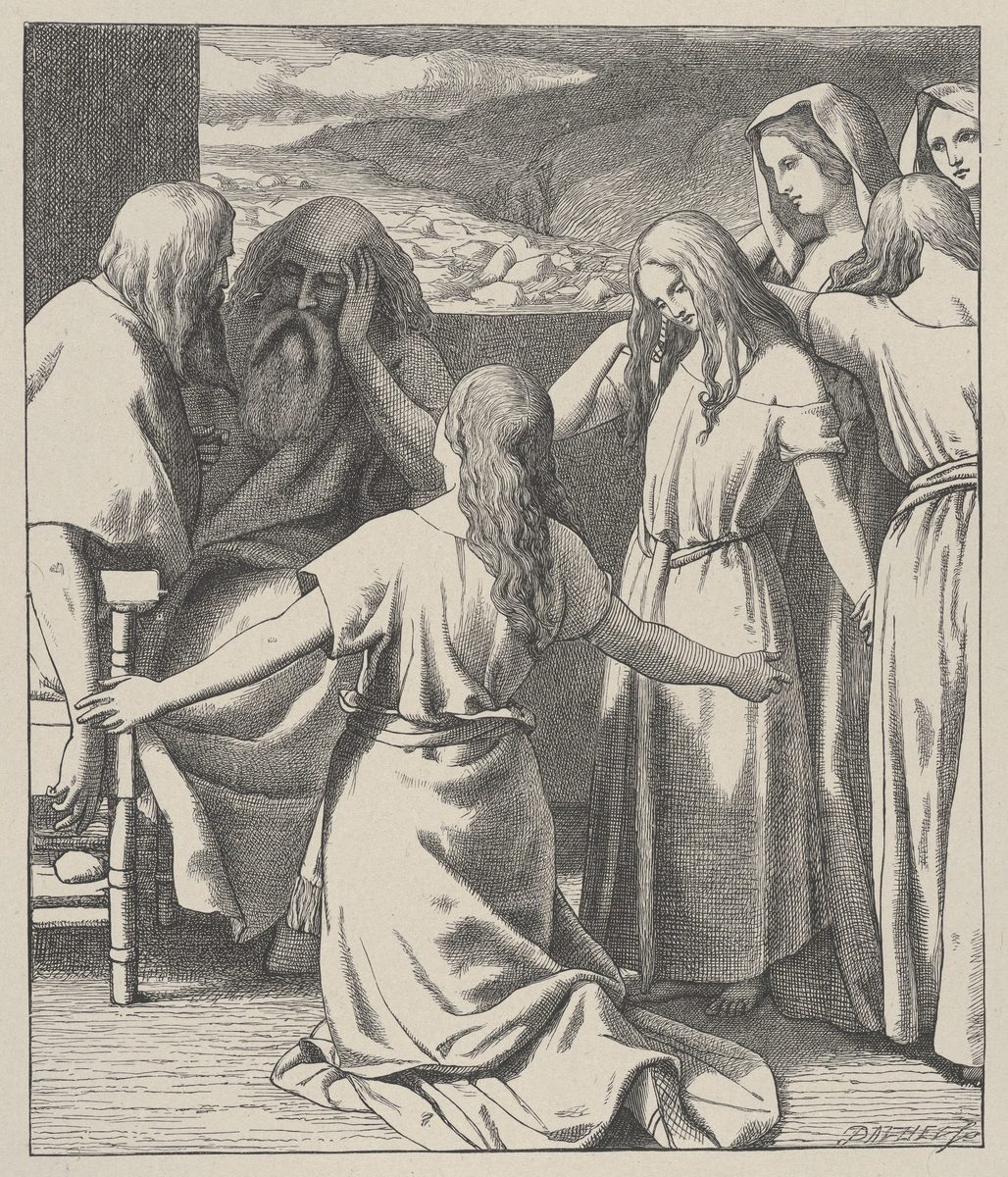 A wood engraving. Five women stand and kneel before two seated elders in a doorway, with bare rocky hills behind. One sister kneels in the foreground with her back to the viewer, one arm stretched out toward the older man; he leans on one hand with his fingers at his brow. The other four sisters stand behind her, two of them veiled, all looking down.