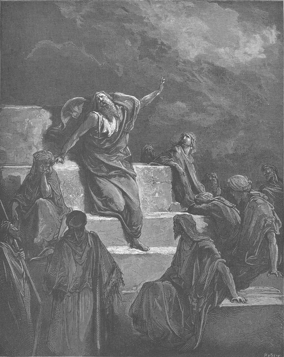 A bearded prophet in flowing robes stands barefoot on a flight of stone temple steps, leaning forward with one arm flung up toward a black, storm-filled sky and the other braced on the stonework; below and around him a dozen hooded, seated listeners look away, slump with their heads in their hands, or glance back over their shoulders at him, and a spearman waits at the edge of the crowd
