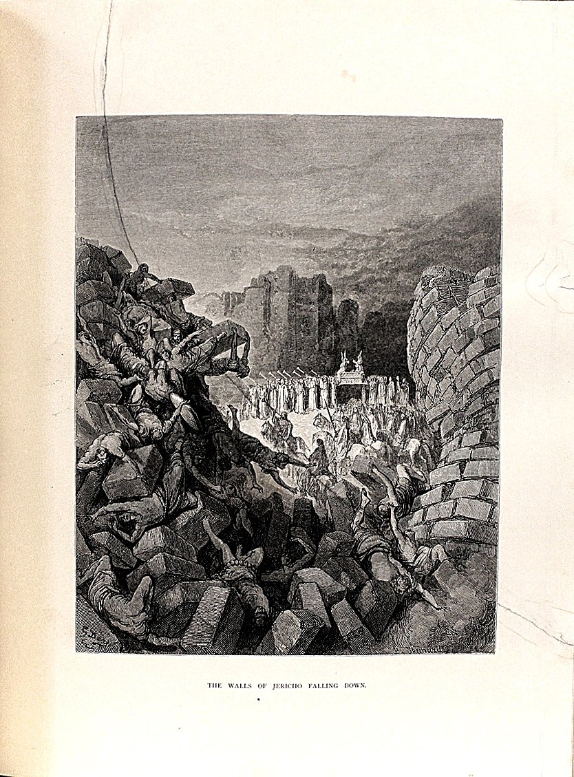 A wood engraving: enormous masonry blocks tumbling down a slope with crushed and sprawling human figures pinned among them; in the middle distance a procession of priests with trumpets carries the ark past ruined towers, with hills and a clouded sky beyond