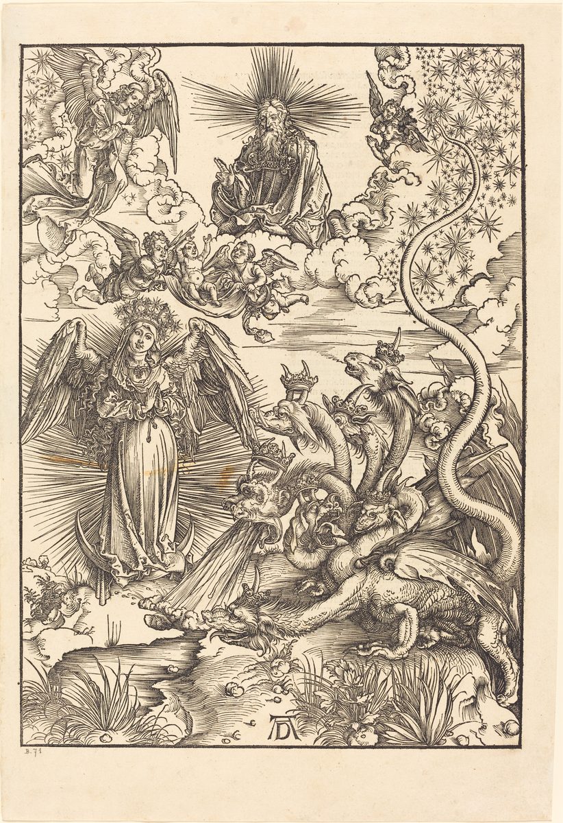 A 1498 woodcut by Albrecht Dürer. At center-left, a winged woman haloed in radiating light stands on a crescent moon, hands folded in prayer, confronted by a coiling seven-headed, crowned dragon that fills the lower right of the scene. Above, God the Father is enthroned in clouds, flanked by winged cherub heads and an angel; a wavy trail of stars streams down from the upper right toward the dragon's tail.