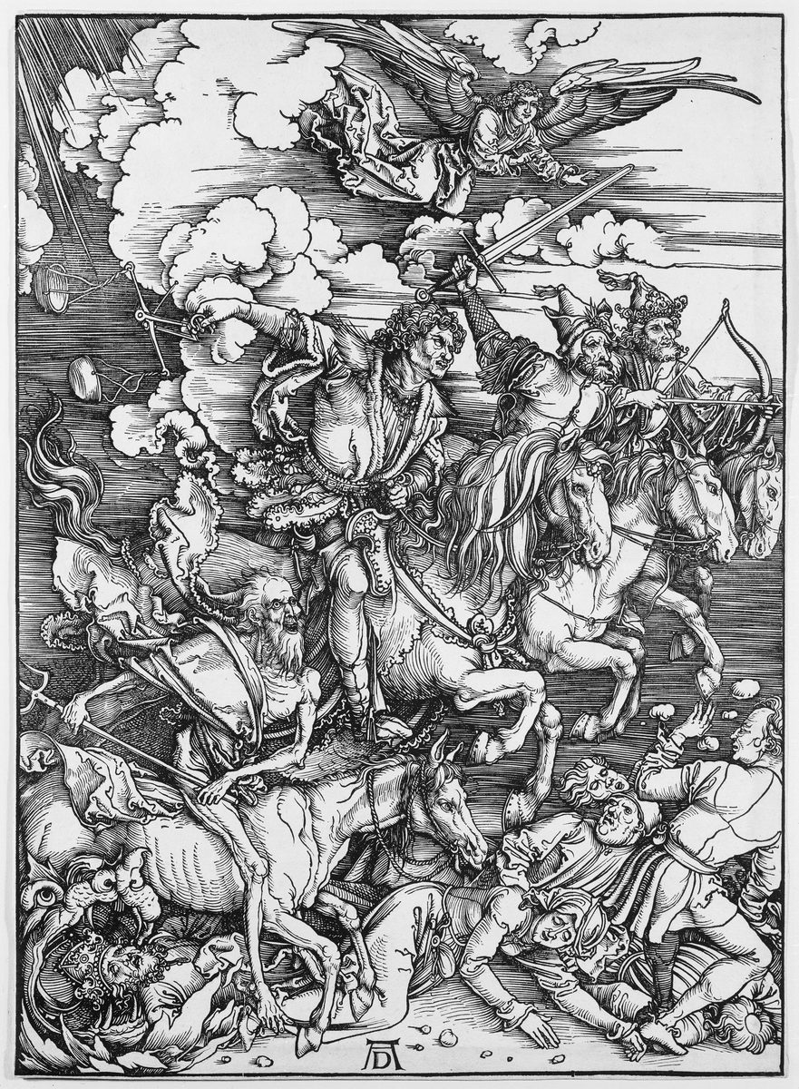 A black-and-white woodcut. Four horsemen ride together in a tight diagonal mass across the page, their horses trampling human figures underfoot. At the back, a crowned archer draws a bow. Beside him, a helmeted rider holds a set of balance scales. In front of them, a bearded man swings a raised sword overhead. At the very front and lowest, a gaunt, skeletal old man rides an emaciated horse, gripping a long trident-like fork; below his horse's legs, a monstrous open-mouthed creature swallows a crowned figure. Above the riders, a winged angel flies among heavy clouds, one arm outstretched. In the lower right, several fallen figures -- among them a bishop in a mitre and a king -- lie crushed beneath the horses' hooves.
