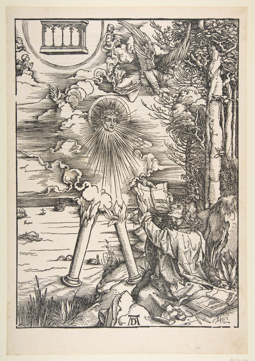 A black-and-white woodcut. In the upper sky, a giant radiant human head, haloed and surrounded by sunburst rays, floats above the scene; just above it, a winged, cloud-wrapped figure appears among heavy clouds, and a pointing hand emerges from the clouds to its left. In the upper-left corner, a small circular medallion frames a miniature architectural structure resembling a colonnaded temple or shrine, with two tiny robed figures beside it. Below the radiant head, two massive stone columns rise directly from a rocky shoreline, planted like legs with no connecting body between them and the head above. At the lower right, a bearded, long-haired man in flowing robes kneels on the rocks among trees, reaching up toward an open book held out by a hand descending from above; at his feet lie a small inkwell, a quill, and another open book or scroll. In the distance, the sea stretches to the horizon with two small sailing ships and what may be a serpent or sea-creature breaking the surface. The artist's monogram, a small AD, appears at the bottom center of the composition.