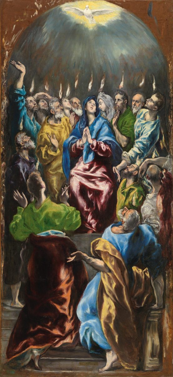 A tall narrow altarpiece. At the top, a white dove in a burst of light under a dark arch. Below it, small pointed flames stand on the heads of a ring of figures whose faces are turned upward and whose hands are raised or clasped. At the centre a woman in a blue mantle over a deep red robe holds her hands together in prayer. In the foreground three large figures are seen from behind, kneeling, their backs to the viewer, in green, dark red and blue-and-gold. Everything in the picture is elongated and pulled upward.