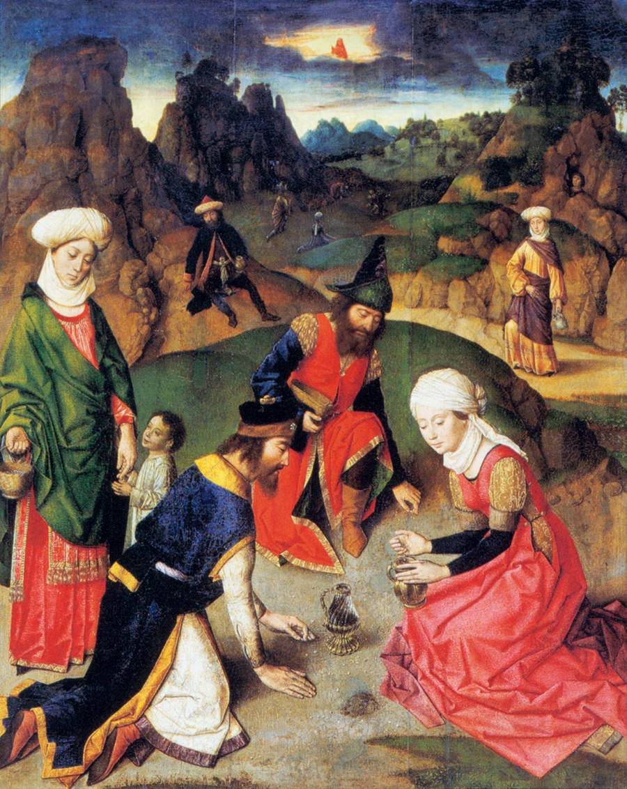 A Flemish oil panel painting. In the foreground, five people in richly colored fifteenth-century clothing — not biblical dress — kneel and bend low, gathering a scattering of small pale flakes off bare ground into metal jugs and cups. A child stands watching between two of the women. Behind them, tiny figures cross a rocky, mountainous wilderness under a blue evening sky, where a bright glowing cloud hangs near the top of the composition.
