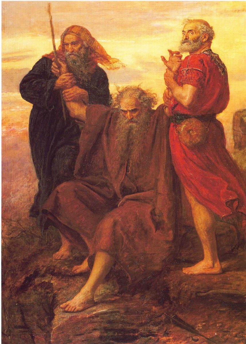 An oil painting in warm golds and reds. An old, bearded man in a brown robe sits exhausted at the center, head bowed, arms held up and outward by two men flanking him on a rocky hilltop against a sunset sky. On the left a gray-bearded man in dark robes grips a wooden staff alongside the seated man's raised arm. On the right a younger man in a red tunic and armor plate braces the other arm, looking off toward an unseen battle. All three figures are barefoot.