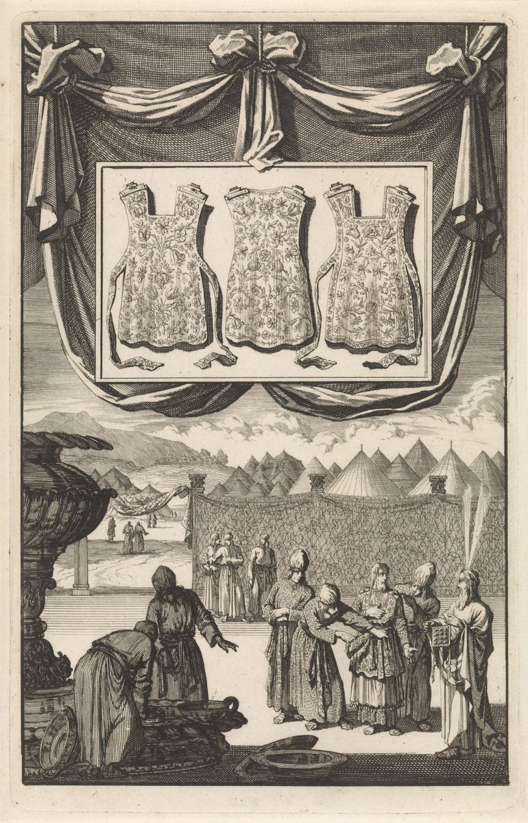 A monochrome etching in an ornate frame. In an inset panel at the top, three richly patterned garment-shapes are displayed side by side against draped curtains — the breastplate laid out for inspection. Below, in a scene set before the tabernacle's tent-camp, several bearded men in turbans and long robes gather around a bending figure being dressed; one man at right holds a small square object, the breastplate's pouch; another figure stoops over a basin of water at the left, beside a large ornate altar.