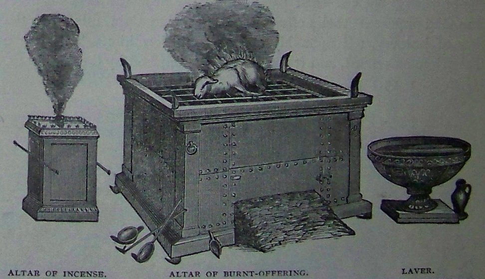 A black-and-white engraving of three tabernacle objects side by side on a plain background. At left, a small, waist-high square altar with a low crenellated rim and short corner horns, incense smoke rising from its top and two carrying-poles resting against its side, labeled ALTAR OF INCENSE. In the center, a much larger box-shaped altar with a grated top on which a sacrificial animal burns, thick smoke billowing upward; crossed carrying-poles lean against its base beside a coiled cloth, labeled ALTAR OF BURNT-OFFERING. At right, a two-tiered, urn-shaped basin on a decorated pedestal, with a small handled jug standing beside it, labeled LAVER.