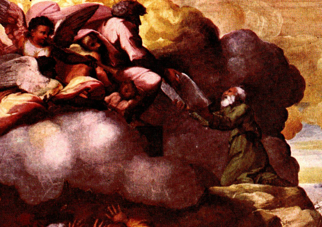 A Renaissance fresco of a mountaintop scene. On the right, an old, bearded man in flowing green robes kneels on bare rock, reaching upward with both hands. On the left, a mass of winged figures rises out of a bank of clouds, one of them extending a flat gray stone tablet down toward the kneeling man's outstretched hands. Golden light fills the sky behind the cloud; a strip of blue sky and distant landscape is visible below the rocky ledge at right.