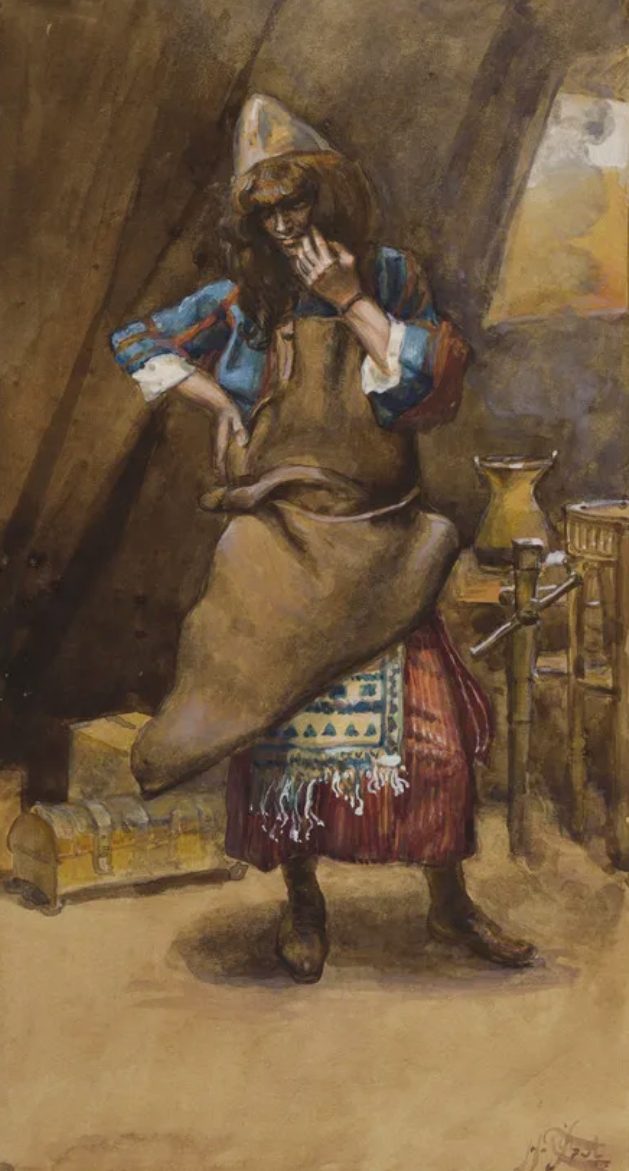 A gouache painting of a bearded craftsman inside a tent workshop, wearing a pointed cap, a blue striped tunic, and a heavy tan leather apron or hide draped and gathered over one arm. He studies the material closely, one hand raised thoughtfully near his chin, the other steadying the leather at his hip. Behind him, a carved wooden stand, a large metal vessel, and an open chest of tools sit against the tent's sloped canvas wall, lit by a shaft of light from an unseen opening.