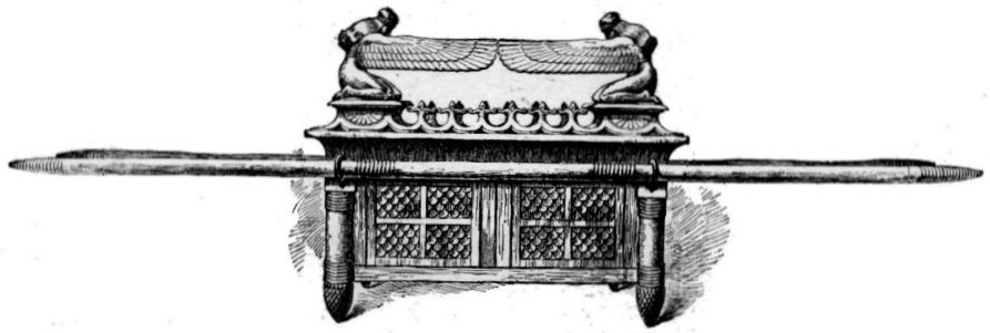 A black-and-white line engraving of a rectangular wooden chest with a lattice-patterned exterior, resting on four short legs. Two long poles run through rings on its sides. On top, two winged cherub figures kneel facing each other, their wings arched upward and nearly touching above the center of the chest's flat cover.