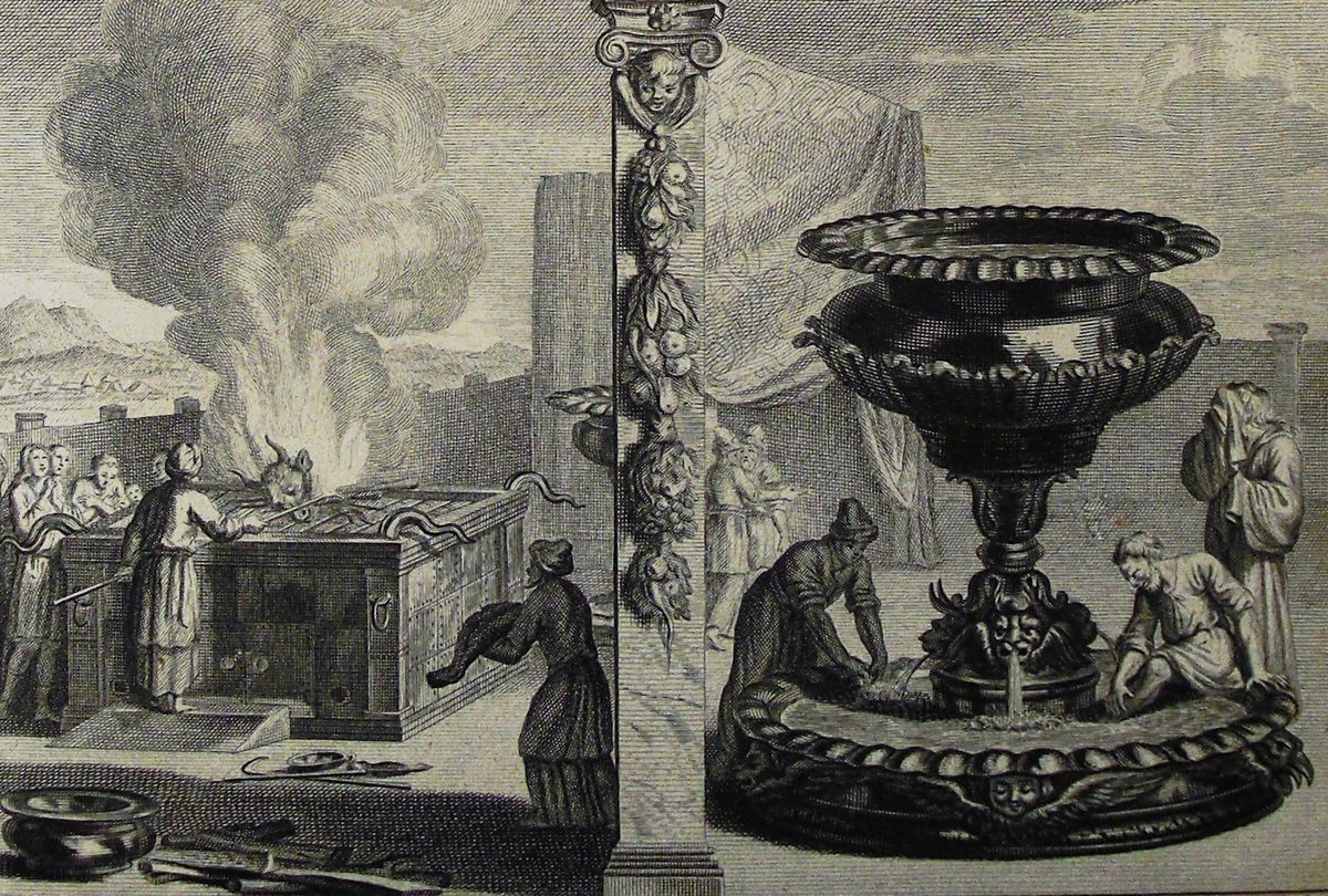 A black-and-white split engraving in two panels. On the left, under a heavy column and drapery, priests tend a rectangular wooden altar with a horned animal head laid on top, smoke rising thickly into a hilled landscape, while a family group watches from the side. On the right, an ornate, oversized basin on a tall carved pedestal — decorated with a bearded face and shell-like fluting, water flowing from a spout at its base — where two men crouch washing their hands and feet while a robed figure stands watching nearby.