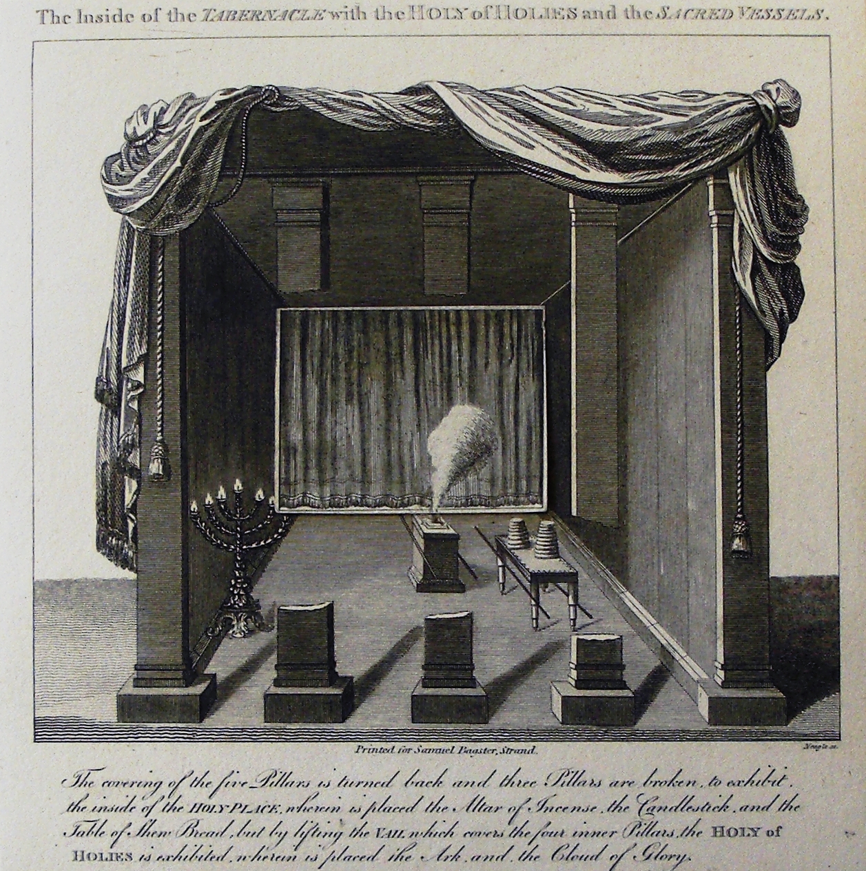 A technical cutaway engraving of the tabernacle, drawn as an architect's diagram rather than a narrative scene. The outer coverings of five of the structure's pillars are folded back and three pillars are shown broken away entirely, so the viewer can see straight into the interior: the golden lampstand with its lamps lit, the table of showbread, the altar of incense, and — beyond a hanging veil, in the space labeled the Holy of Holies — a small billowing cloud rising above where the ark stands, captioned in the print itself as 'the Cloud of Glory.'