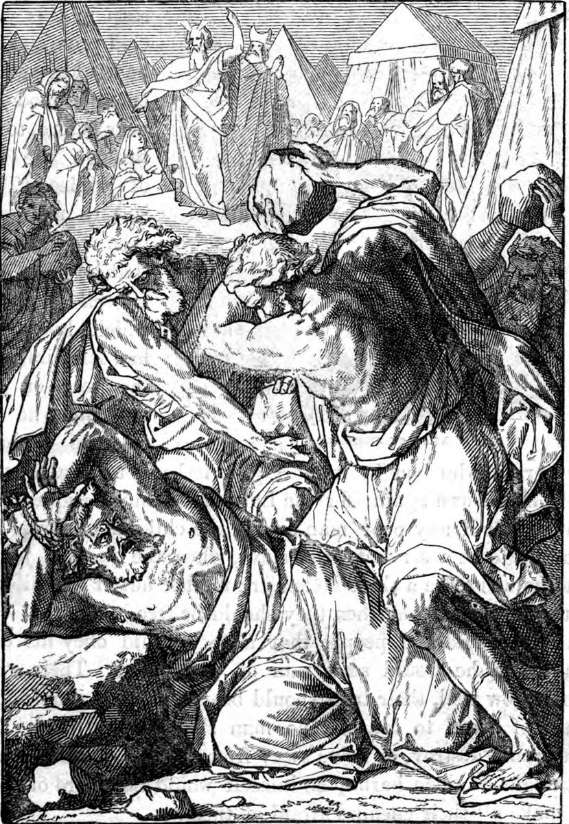 A wood engraving of a man kneeling with his arms raised over his bowed head, about to be struck by a large stone held overhead by a bearded man standing over him. A crowd looks on from behind, and in the background Moses, arms raised, addresses a smaller group beside the tents of the camp.