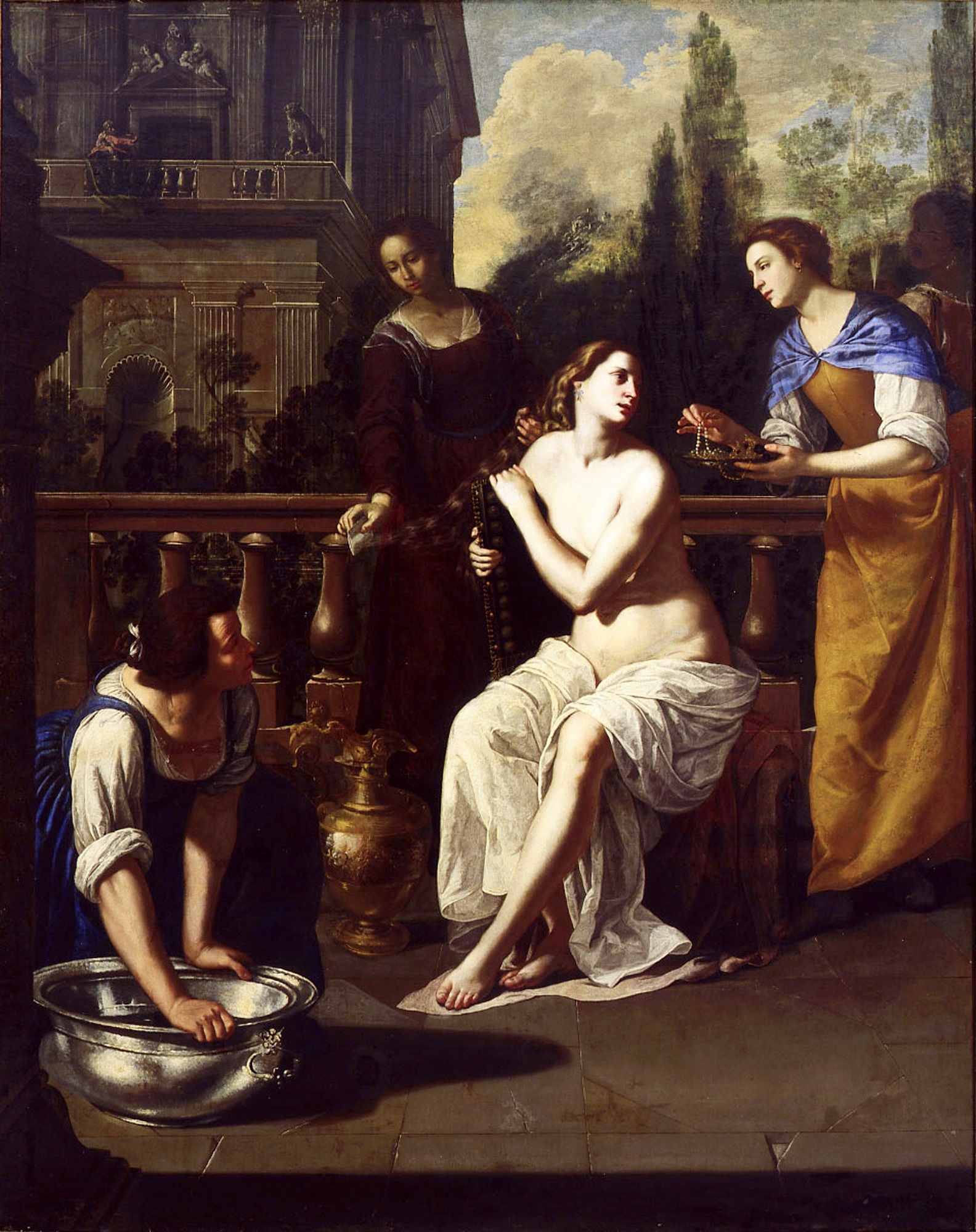 A woman sits at her bath on a palace terrace, attended by four servants who comb her hair, offer jewellery and tend a basin; she glances up and away. Far off at the upper left, small and in shadow on a distant balcony, a man watches