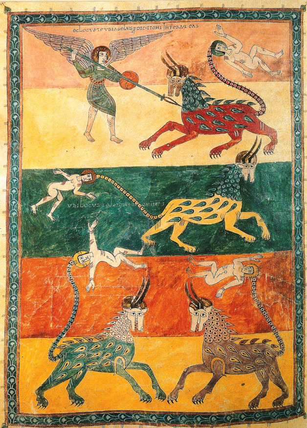 A page from an illuminated manuscript, painted in bands of salmon, pale yellow, dark teal, orange-red, and gold. At the top, a winged, haloed angel in a green tunic strides forward, leveling a spear or staff toward a red horned creature with a lion's body covered in peacock-eye spots, clawed feet, and a long jointed tail ending in a small nude human figure. Below, in three more bands, three similar horned, spotted beasts in yellow, teal, orange, and gold each drag a small nude human figure by a cord wound around the head. A line of Latin text runs along the top border.