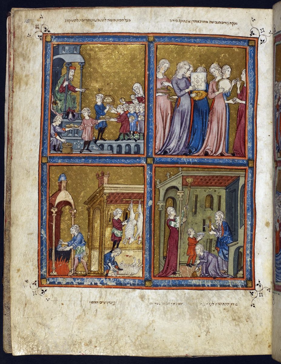A medieval illuminated manuscript page on gold leaf, divided into four scenes bordered in blue and orange. In the upper right, a group of women in blue, pink and rose robes stand close together; one near the center holds a round hand drum, another an open scroll. In the upper left, a seated figure under a canopy hands food down to a group of children and adults on a stairway. The two lower panels show a kitchen: meat hanging and roasting over an open fire on the left, and figures cleaning and directing in a doorway on the right.