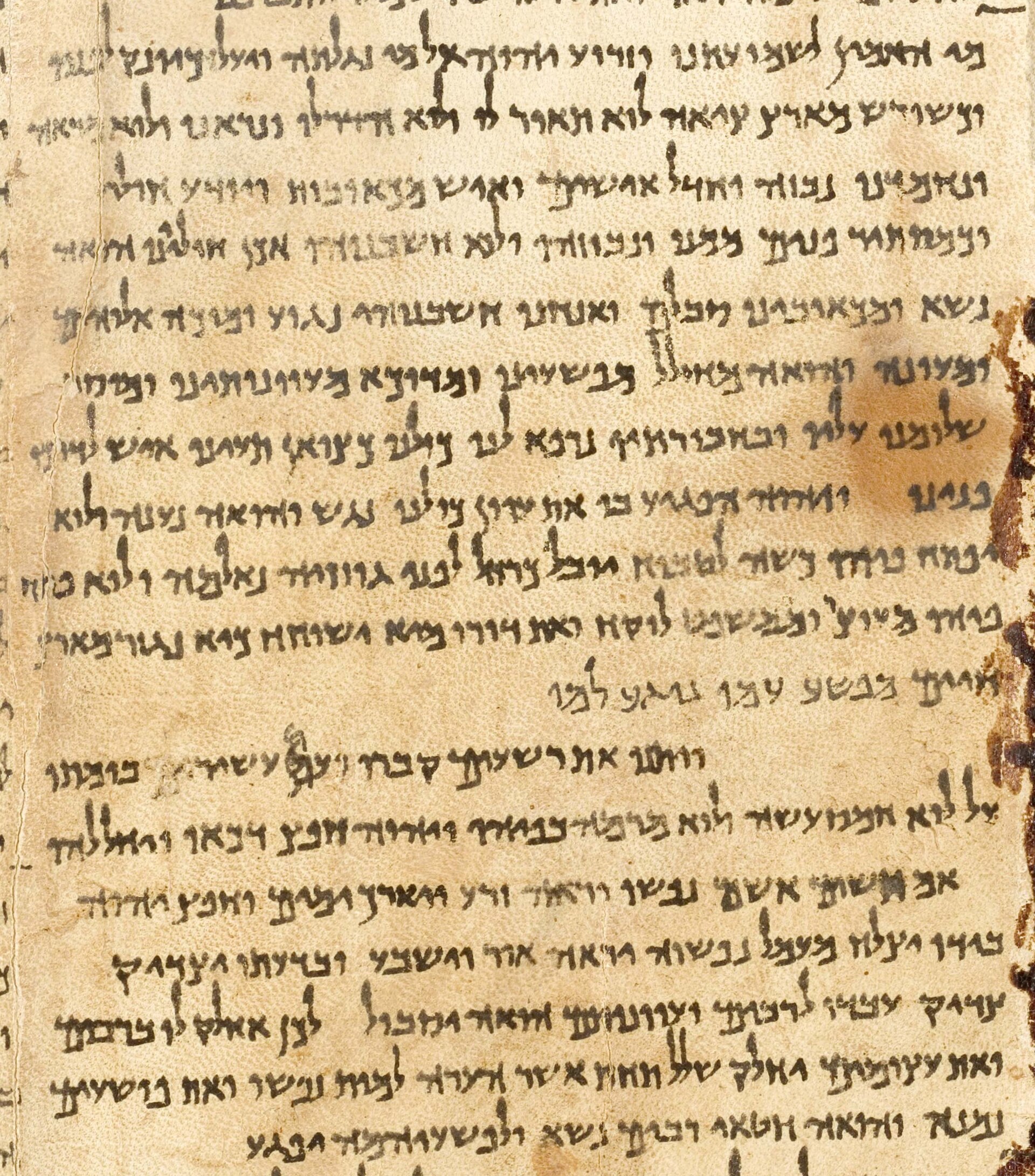 A column of ancient Hebrew manuscript on parchment, written in unpointed square script with a paragraph break mid-column, a small letter inserted above one line, and brown staining along the right edge
