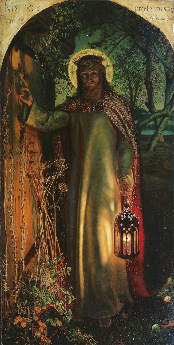 A dark, nocturnal oil painting. Christ, robed and haloed with a crown of thorns, stands before a wooden door overgrown with weeds, ivy and briars, and knocks with his right hand while holding a lit lantern in his left. Behind him a moonlit orchard and a night sky are visible through bare branches. The door has no visible handle or latch on the outside.