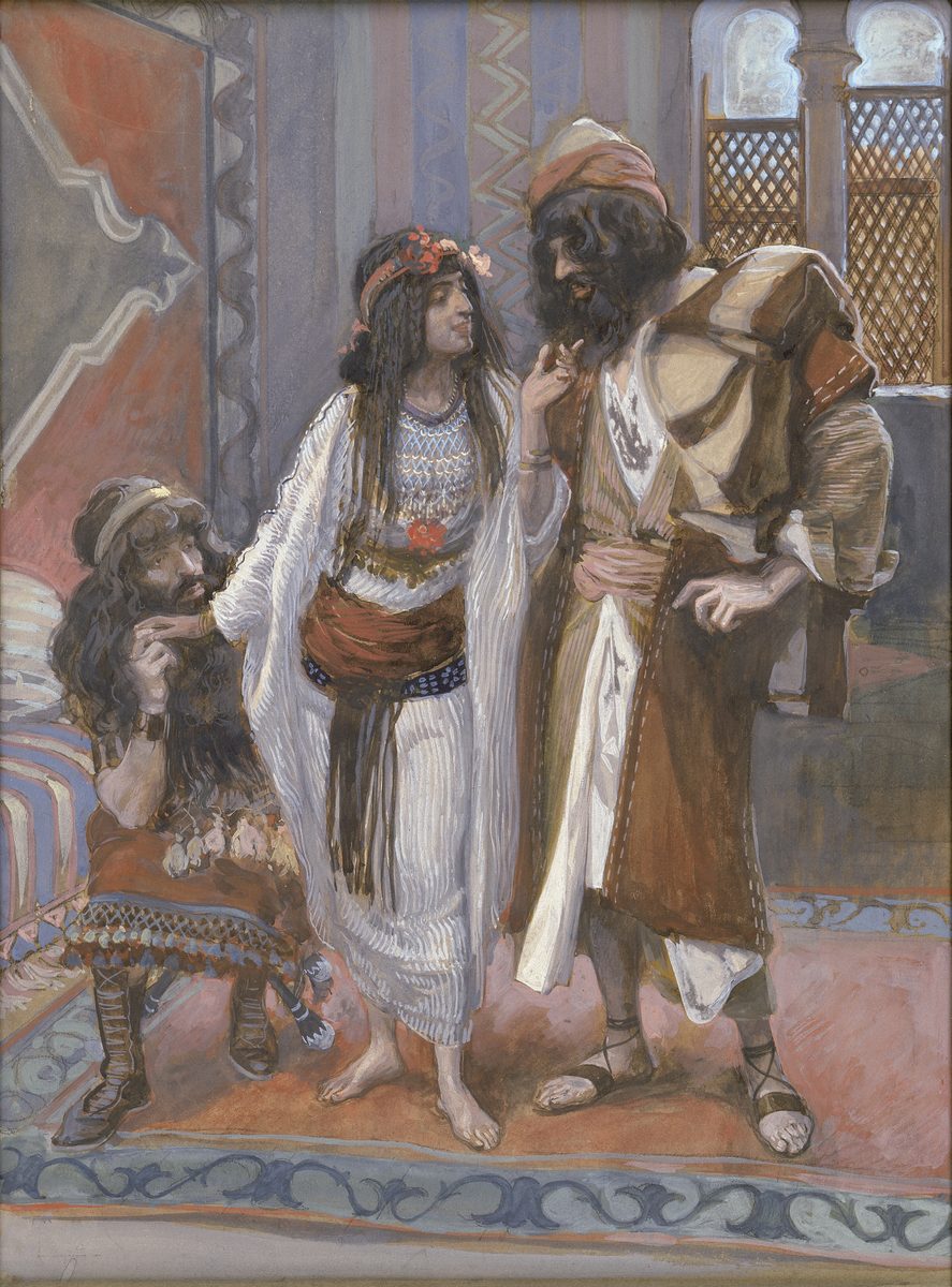 A gouache painting of a barefoot young woman in a white striped dress, red sash and a wreath of flowers in her long dark hair, standing between two bearded men in travelling cloaks inside a richly hung room; one man sits on a striped couch at the left with his chin in his hand, the other stands at the right in a brown robe and red turban, raising a finger as he speaks to her. A latticed window opens in the wall behind them.