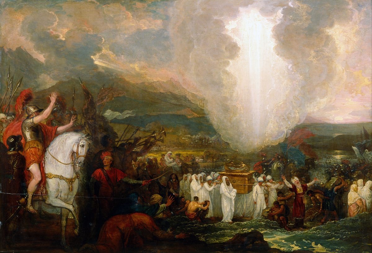 An oil painting of a dark, stormy river valley lit by a column of white light bursting through the clouds at centre. In the foreground, priests in white robes carry a golden chest on poles through shallow water at the right, some with trumpets raised; at the left a bearded commander in Roman-style armour and red plume, mounted on a white horse, raises both arms toward the light while soldiers with spears and banners crowd behind him; a crowd of people kneels and gestures along the bank.