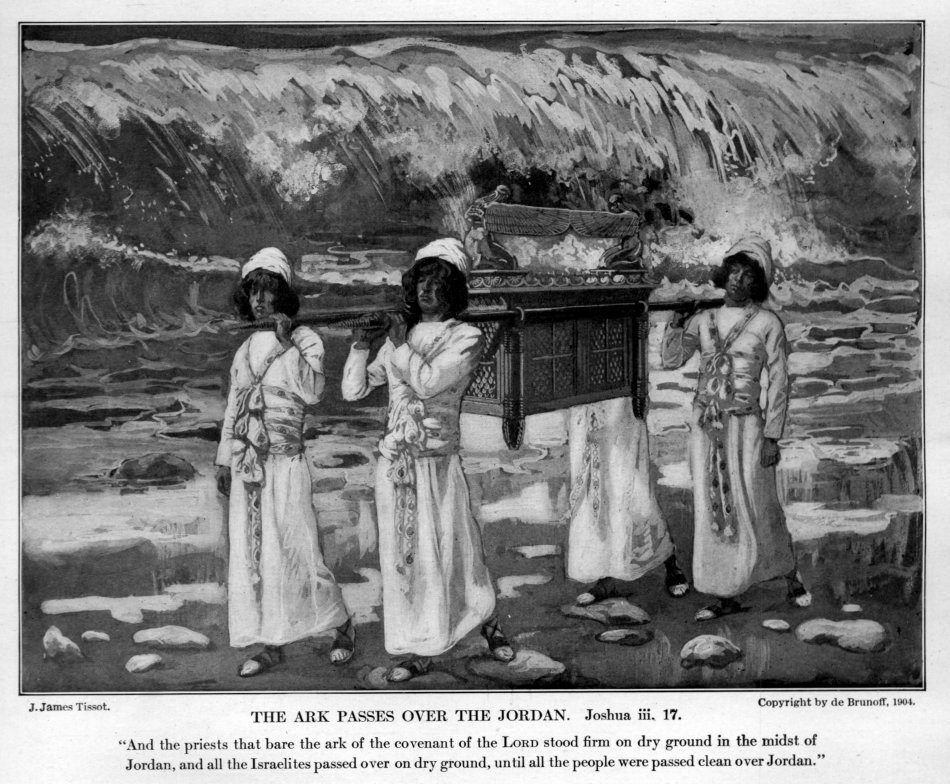A black-and-white plate: three priests in white robes and turbans carry a gilded chest on two poles across a stony, wet riverbed, while behind them a tall wall of water curls and foams as if held back. A printed caption below reads 'The Ark Passes Over the Jordan. Joshua iii. 17.'