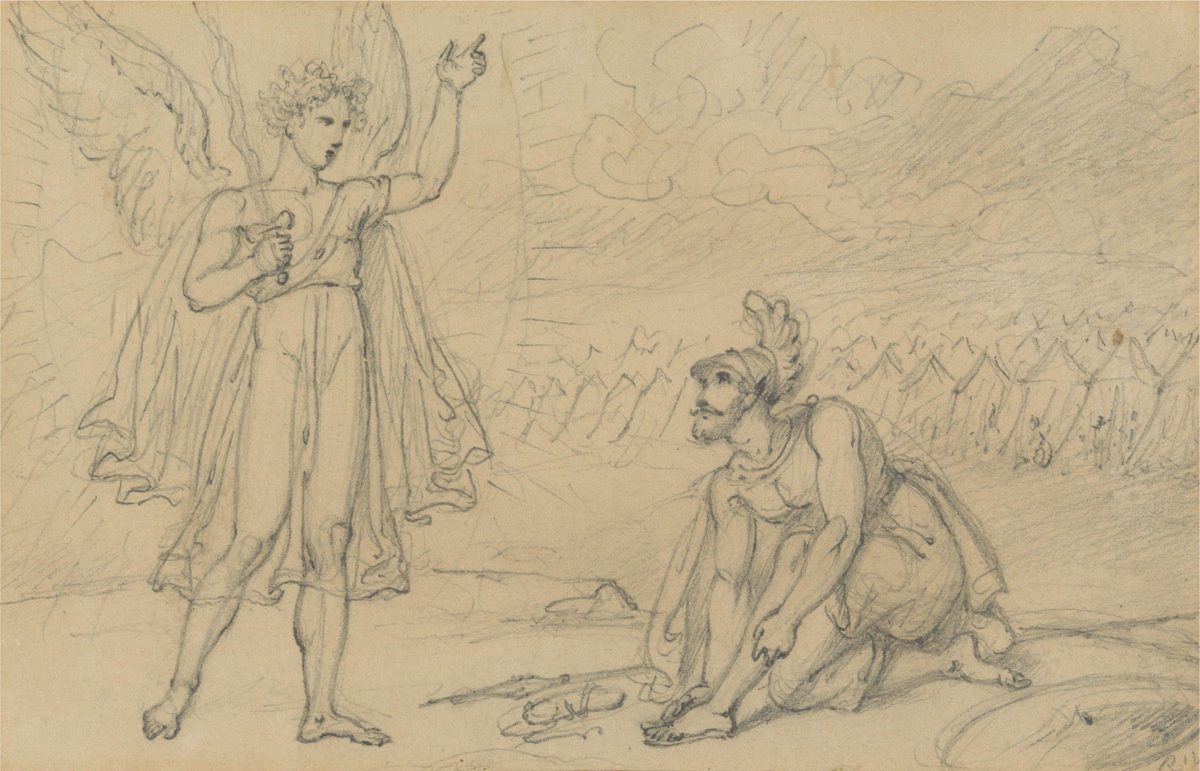 A quick graphite sketch: a winged angel in a short tunic stands at left holding a sword upright and pointing upward with the other hand; at right a bearded soldier in a plumed helmet and cuirass kneels on one knee, one foot already bare, one sandal lying on the ground in front of him. Behind them, rows of tents stretch across the plain.