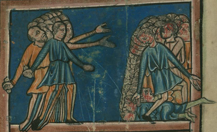 A thirteenth-century manuscript illumination on a deep blue ground: at left a crowd of Israelites in blue and orange tunics raise their arms, one lifting a stone; at right a huddle of figures, one already collapsed on the ground, another with blood on his head, bunched together under a heap of grey stones.
