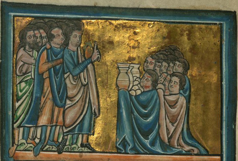 A thirteenth-century manuscript illumination on a gold ground: at left a group of standing Israelite men in blue, orange and green robes, the foremost raising two fingers as he speaks; at right a huddle of kneeling men in blue and rose cloaks, the one in front holding up two pale jugs beside a pile of round loaves.