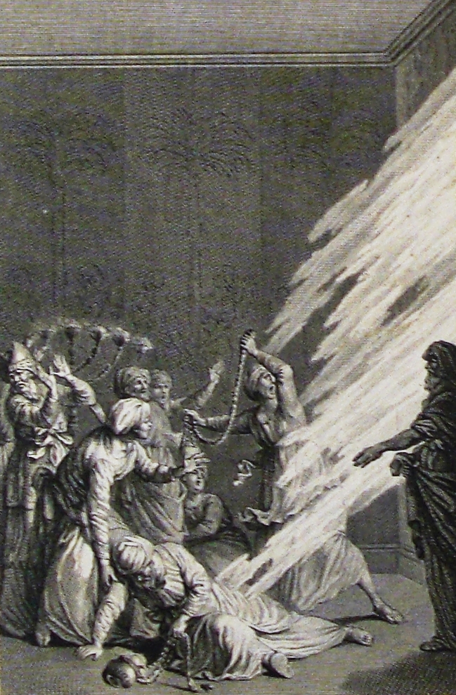 A black-and-white engraving of a diagonal shaft of fire striking down from the upper right onto a group of robed priestly figures. One man in a turban falls backward, his censer dropping to the floor beside him; a second figure collapses forward. Others recoil with hands and arms raised in horror. A seven-branched menorah is visible in the background at left, and a dark, shadowed figure stands apart at the right edge of the scene.