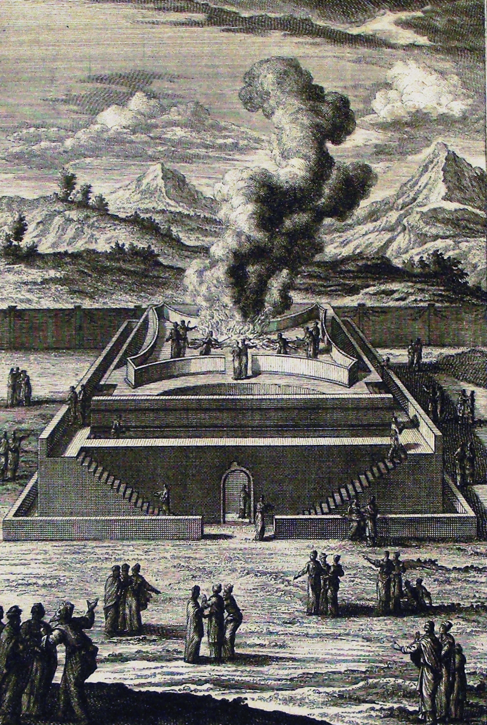 An imaginative, monumental altar-mount rendered as a stepped architectural structure with two grand staircases and a doorway at its base, priests visible atop it tending a large fire whose smoke billows high against a mountain backdrop. Below, small clusters of robed figures stand in conversation around the base, watching.