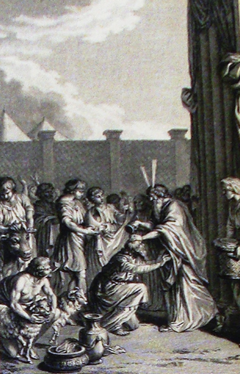 A black-and-white engraving of a bearded elderly man in flowing robes laying his hand on a kneeling, bare-headed man beside the curtained entrance of a tent. A crowd looks on from the left; an ox and rams stand in the foreground beside jars and a basin set on the ground.