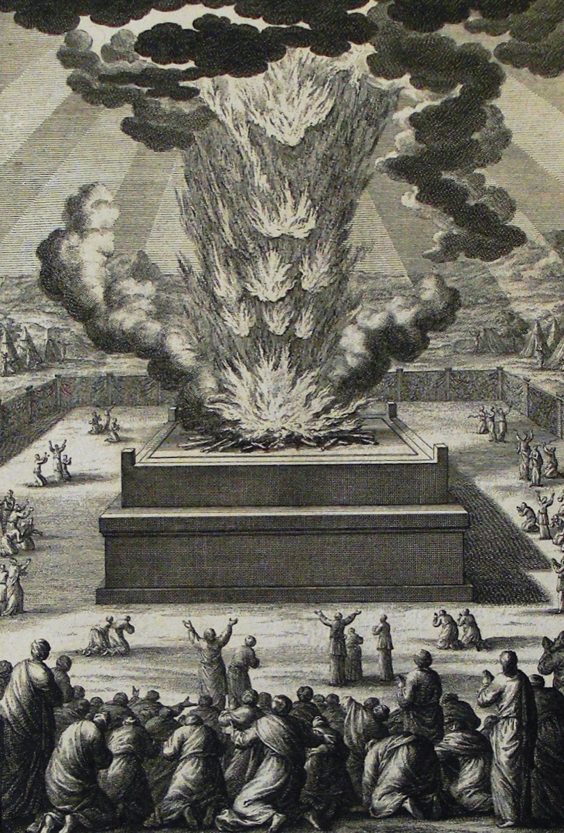 A black-and-white engraving of a massive fire rising in tiers from a large stepped altar, billowing dark smoke into a sky crossed by rays of light. A large crowd fills the foreground below the altar, many with arms raised, some kneeling, gathered on both sides and facing the blaze.