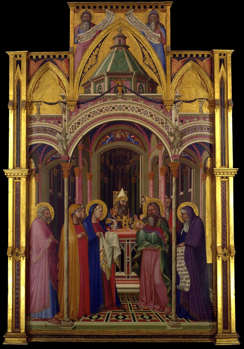 A tall gold-ground altarpiece. Under a painted Gothic temple, a priest in a mitre stands behind an altar; a grey bird sits on the altar top by his hands. Mary, in blue and red, stands at the left holding a white cloth; at the right an old man cradles the infant, and beyond him an elderly woman in purple holds an inscribed scroll. Two prophets with scrolls fill the gable above.
