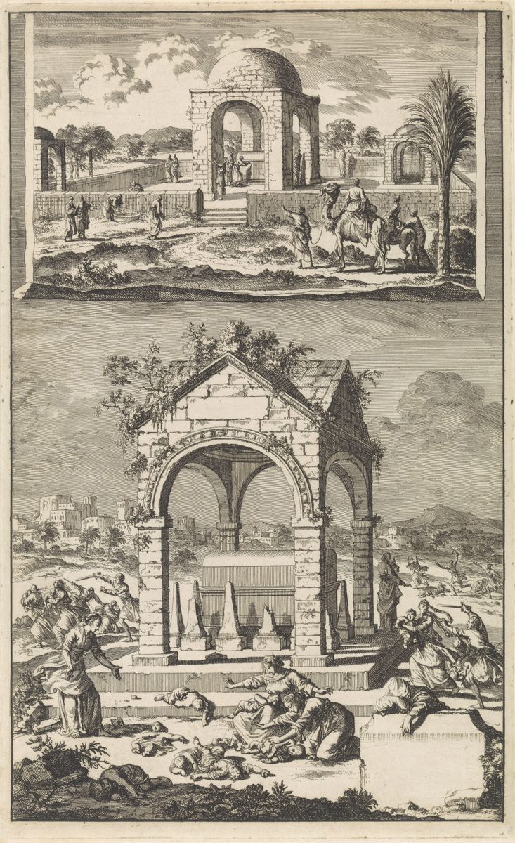 A two-panel engraving. The upper panel shows a domed stone monument in an open landscape, walled and gated, with pilgrims on foot and a camel caravan approaching under a palm tree — Rachel's tomb as it stood to a 17th-century traveler's eye. The lower panel shows a similar arched stone monument, now overgrown, with soldiers wielding swords among fleeing women; several small bodies lie on the ground in the foreground while mothers kneel over them or reach out in protest, and at right a soldier seizes a child from its mother's arms.