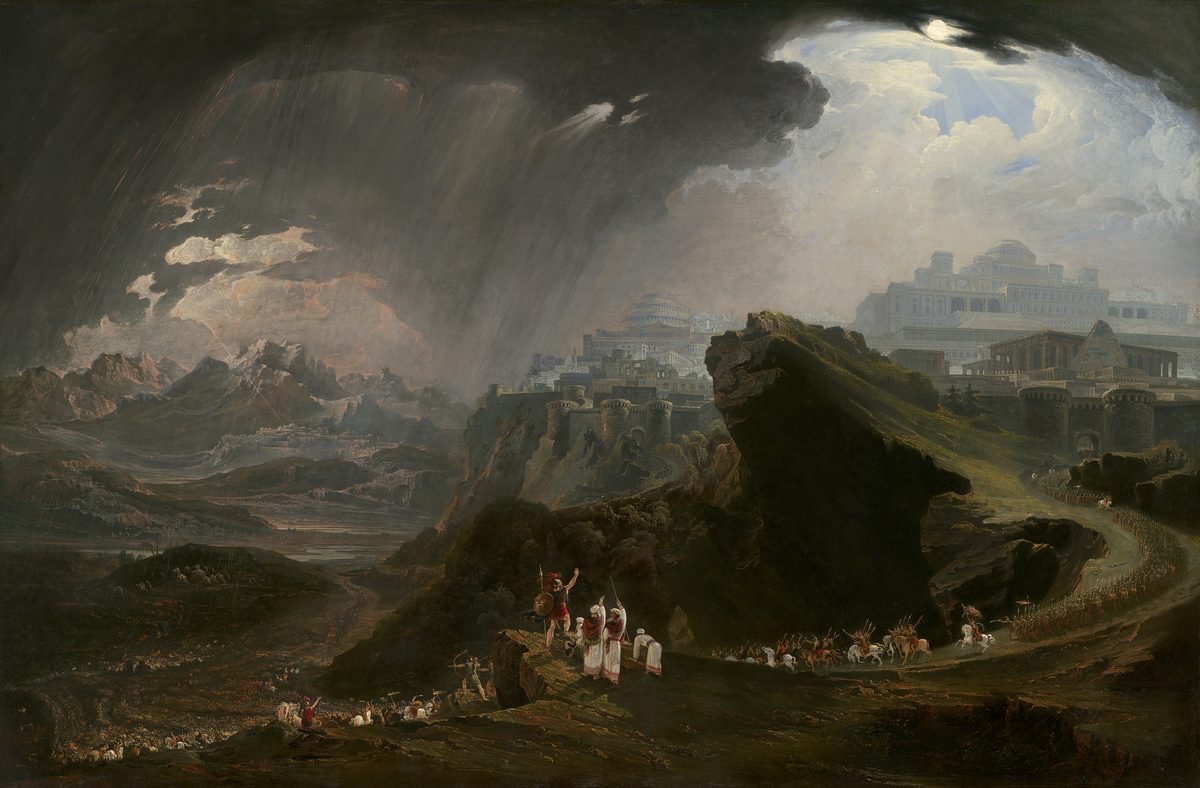A vast stormy landscape in oil: at left, dark rain or hail pours from black clouds over a valley full of fighting armies; at upper right a bright disc breaks through white clouds above a fantastical city of domes, colonnades and a pyramid on the heights; in the foreground a tiny figure in armour stands on a rocky ledge with one arm raised to the sky, among a few men in white robes, while a column of horsemen and soldiers winds up a road toward the city.
