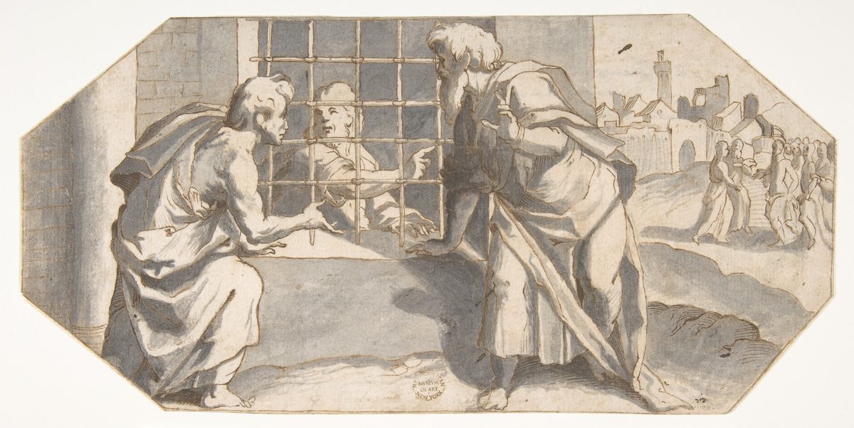 A monochrome pen-and-wash drawing, cut to an elongated octagon: John the Baptist, gaunt and bearded, reaches a hand through the iron grating of a prison window at the centre; two of his disciples lean toward him from outside the bars, one gesturing back the way they are about to go, while a small line of figures files toward a walled town in the distance at right.