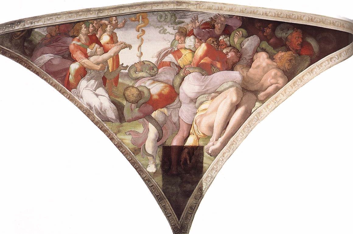 A curved triangular ceiling panel inside a carved stone moulding. On the left, a small group of clothed figures stands upright, arms raised, all of them looking toward a slender bronze snake coiled around a pale upright pole at the centre. The right two-thirds of the panel is a tangle of mostly naked bodies being crushed and bitten by large green serpents; the figures are twisted and foreshortened, their faces open in shouts, one man wrapped from shoulder to knee by a snake.