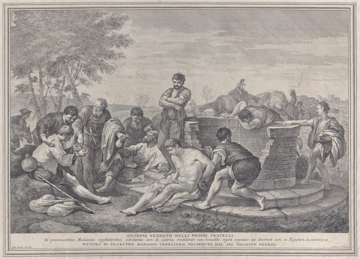 An 18th-century engraving of Joseph's brothers around a stone well, one man counting coins into another's hand at left while a shirtless Joseph sits bound and despondent at center, his brothers hauling him up from the cistern behind him. A caravan of camels departs toward a distant city on the right. A Latin caption below quotes Genesis 37:28, naming the price: twenty pieces of silver.